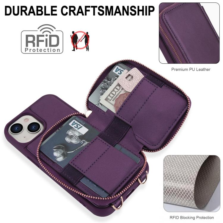 For iPhone 15 Crossbody Zipper RFID Card Bag Phone Case