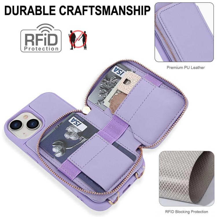 For iPhone 15 Crossbody Zipper RFID Card Bag Phone Case