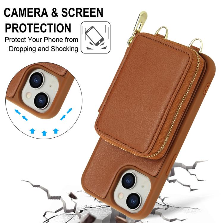For iPhone 15 Crossbody Zipper RFID Card Bag Phone Case