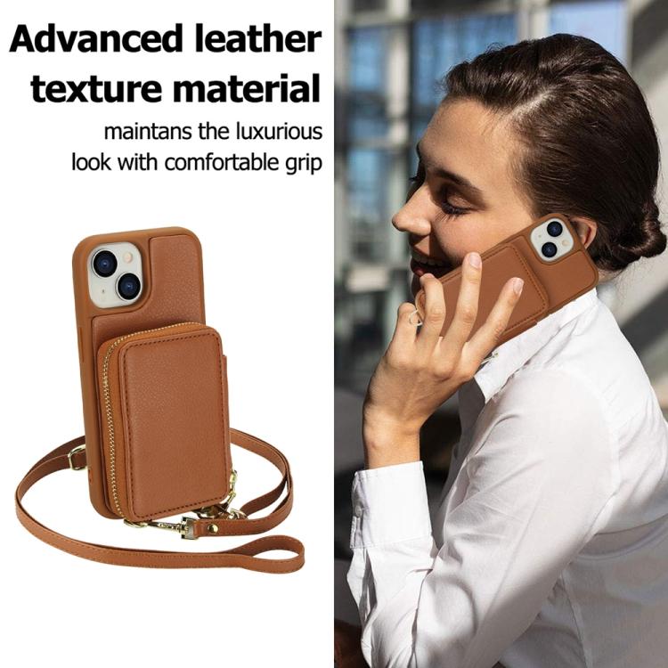 For iPhone 15 Crossbody Zipper RFID Card Bag Phone Case