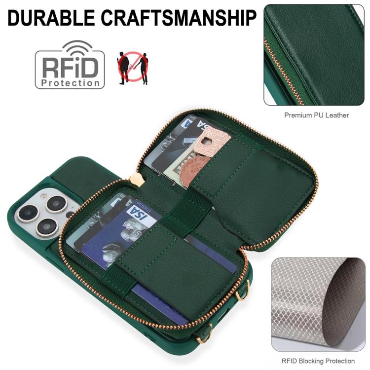 For iPhone 14 Pro Max Crossbody Zipper RFID Card Bag Phone Case