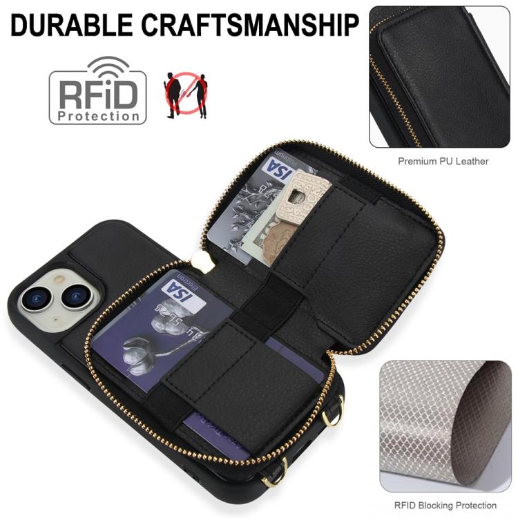 For iPhone 14 / 13 Crossbody Zipper RFID Card Bag Phone Case