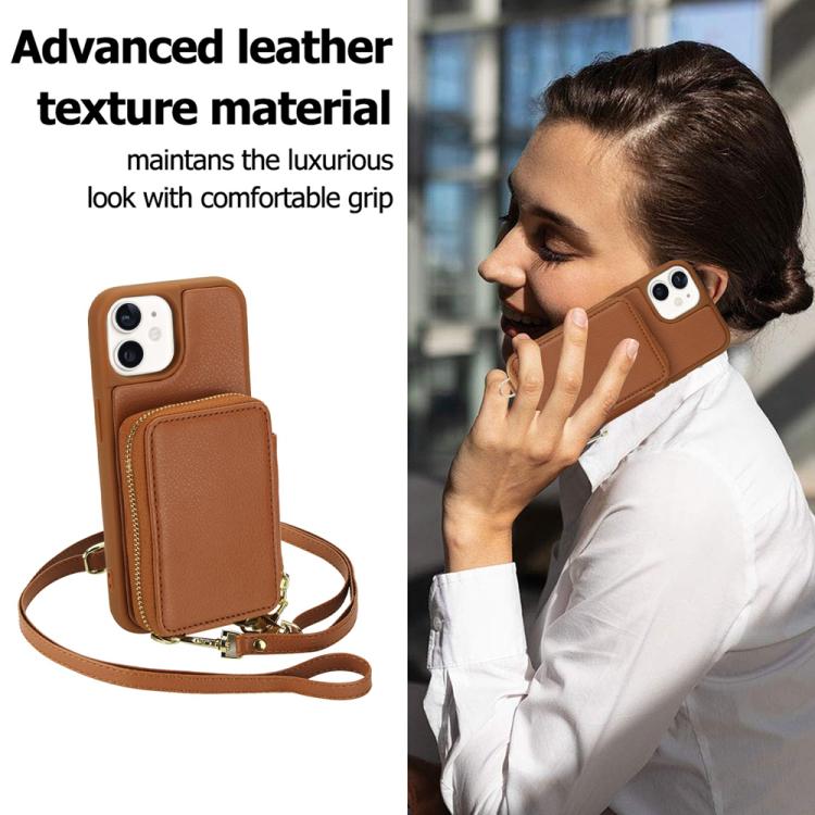 For iPhone 12 / 12 Pro Crossbody Zipper RFID Card Bag Phone Case