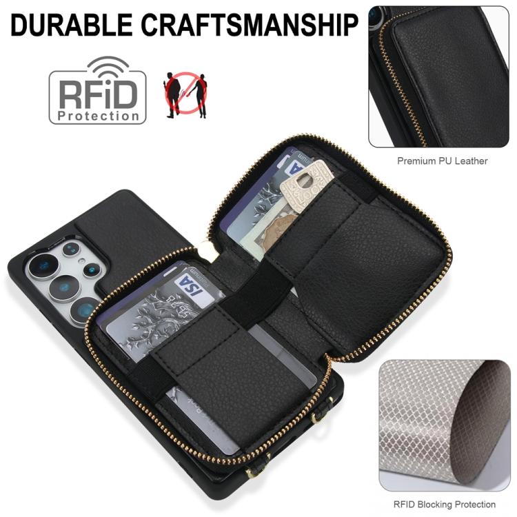 For Samsung Galaxy S24 Ultra 5G Crossbody Zipper RFID Card Bag Phone Case