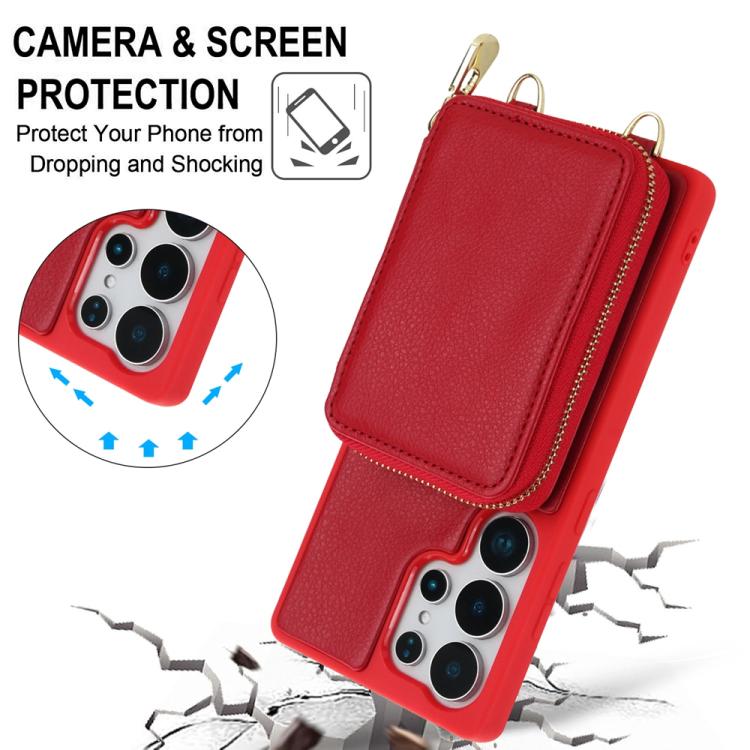 For Samsung Galaxy S24 Ultra 5G Crossbody Zipper RFID Card Bag Phone Case