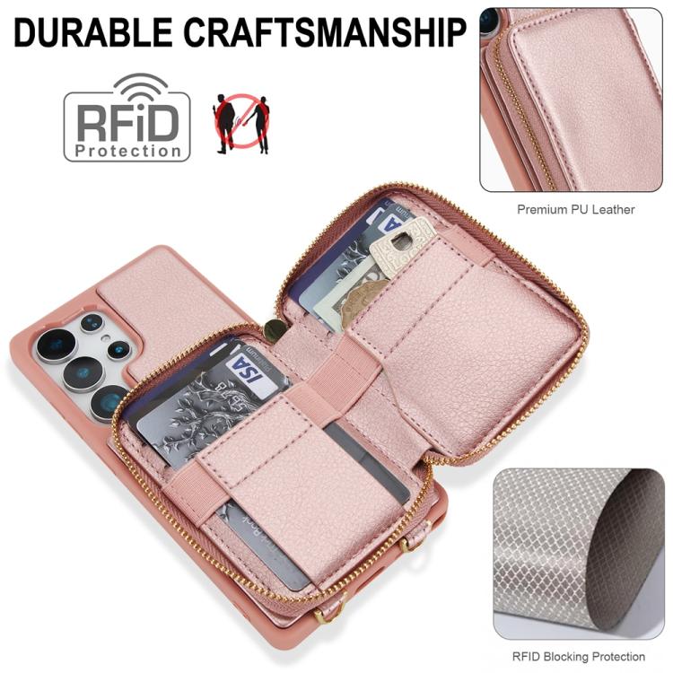 For Samsung Galaxy S24 Ultra 5G Crossbody Zipper RFID Card Bag Phone Case