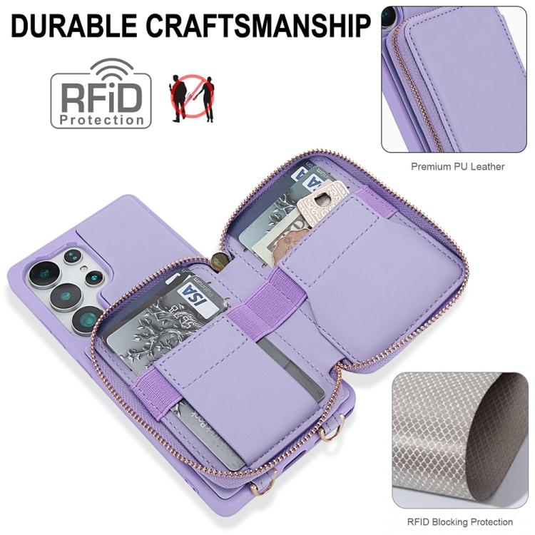 For Samsung Galaxy S24 Ultra 5G Crossbody Zipper RFID Card Bag Phone Case