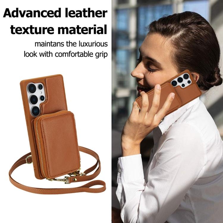 For Samsung Galaxy S24 Ultra 5G Crossbody Zipper RFID Card Bag Phone Case