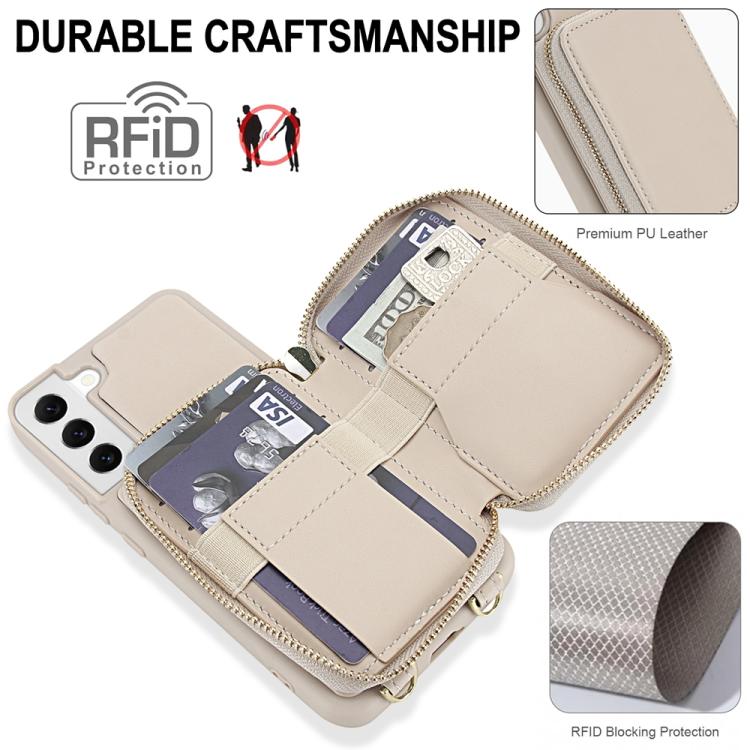 For Samsung Galaxy S22 5G Crossbody Zipper RFID Card Bag Phone Case