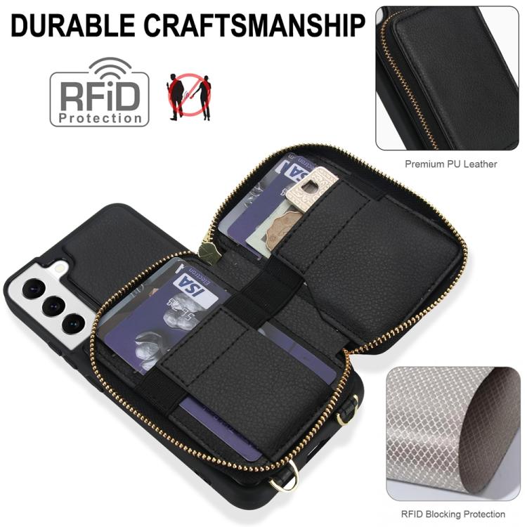For Samsung Galaxy S22 5G Crossbody Zipper RFID Card Bag Phone Case