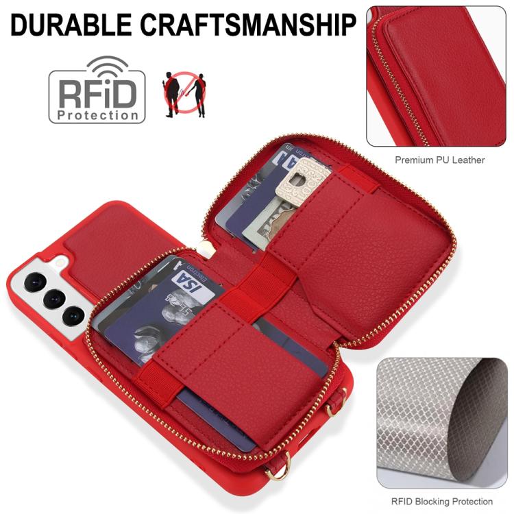 For Samsung Galaxy S22 5G Crossbody Zipper RFID Card Bag Phone Case