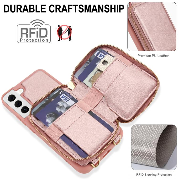 For Samsung Galaxy S22 5G Crossbody Zipper RFID Card Bag Phone Case