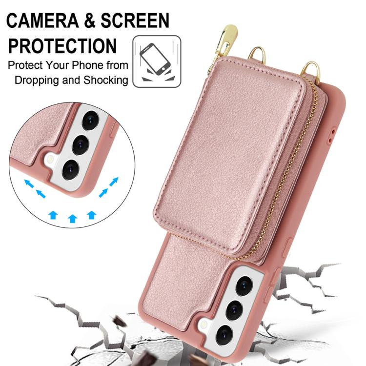 For Samsung Galaxy S22 5G Crossbody Zipper RFID Card Bag Phone Case
