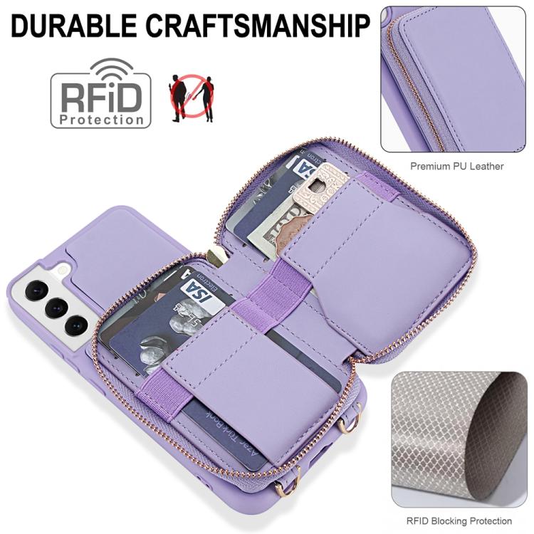 For Samsung Galaxy S22 5G Crossbody Zipper RFID Card Bag Phone Case