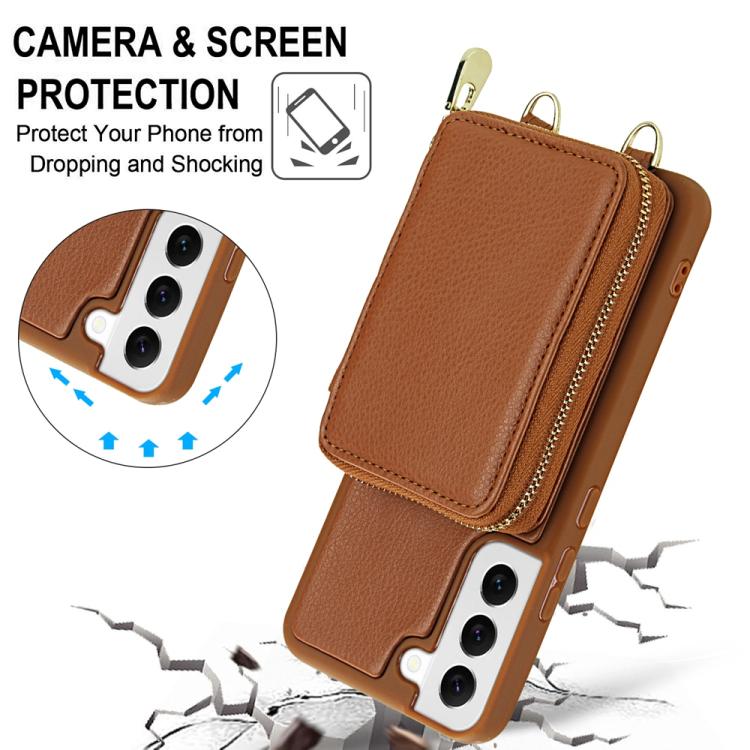 For Samsung Galaxy S22 5G Crossbody Zipper RFID Card Bag Phone Case
