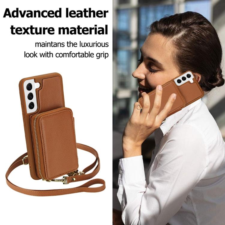 For Samsung Galaxy S22 5G Crossbody Zipper RFID Card Bag Phone Case