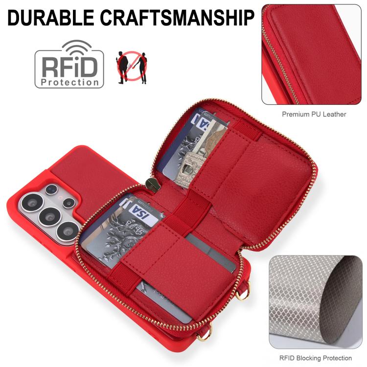 For Samsung Galaxy S26 Ultra 5G Crossbody Zipper RFID Card Bag Phone Case