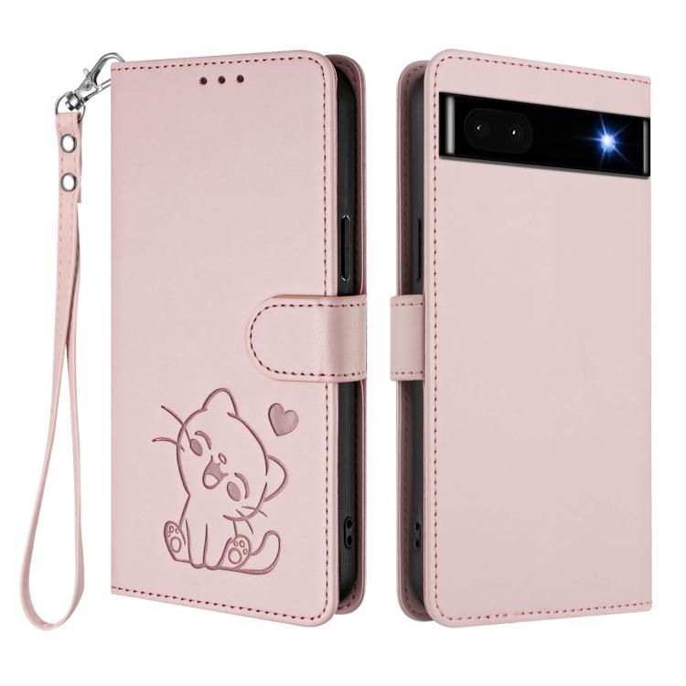 For Google Pixel 6a Embossed Heart Cat Leather Phone Case with Hand Strap