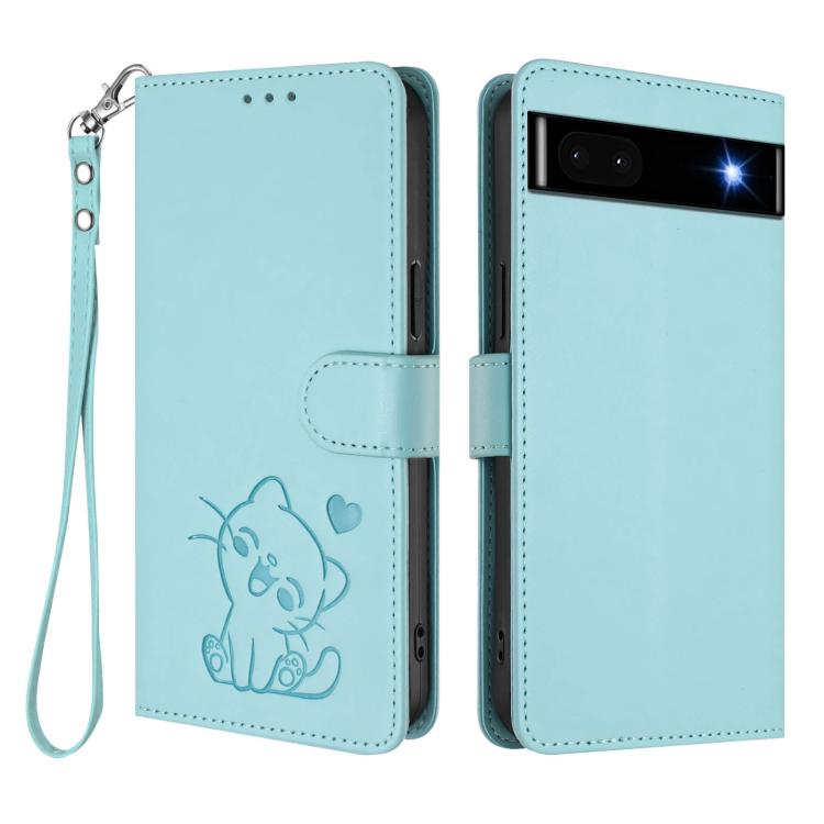 For Google Pixel 6a Embossed Heart Cat Leather Phone Case with Hand Strap