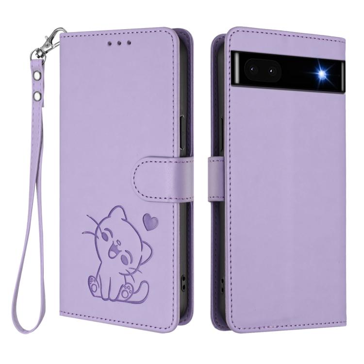 For Google Pixel 6a Embossed Heart Cat Leather Phone Case with Hand Strap