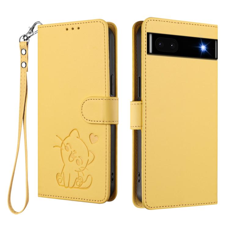 For Google Pixel 6a Embossed Heart Cat Leather Phone Case with Hand Strap