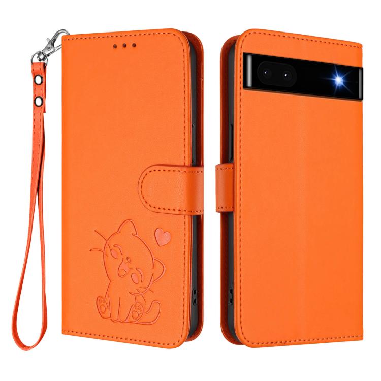 For Google Pixel 6a Embossed Heart Cat Leather Phone Case with Hand Strap