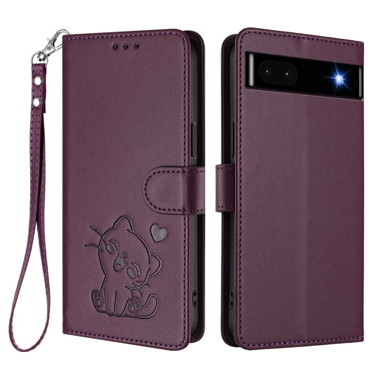 For Google Pixel 6a Embossed Heart Cat Leather Phone Case with Hand Strap