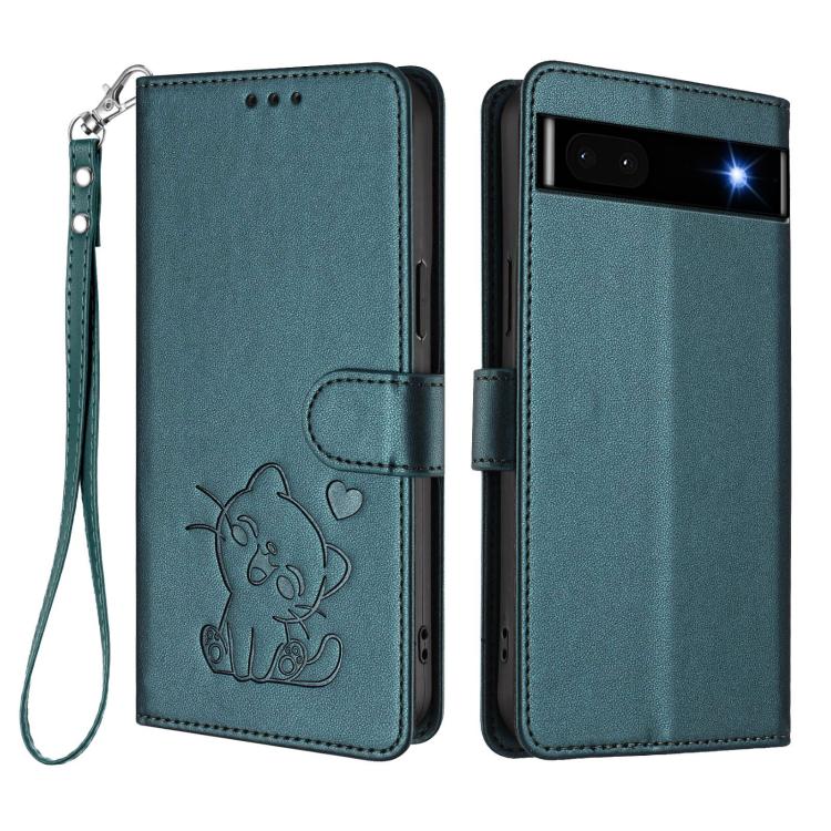 For Google Pixel 6a Embossed Heart Cat Leather Phone Case with Hand Strap