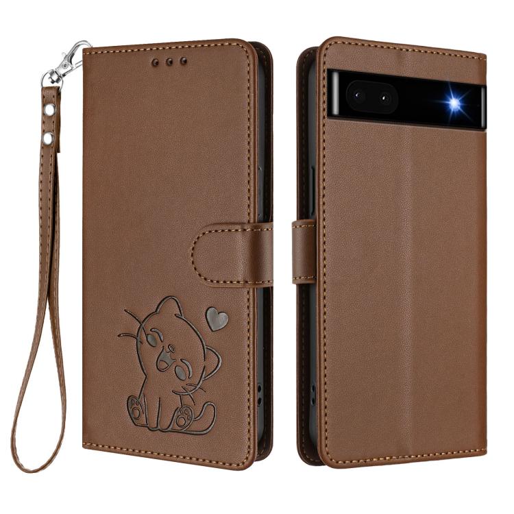 For Google Pixel 6a Embossed Heart Cat Leather Phone Case with Hand Strap