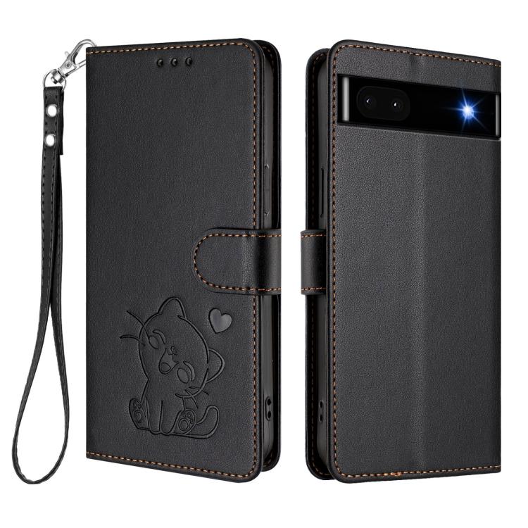 For Google Pixel 6a Embossed Heart Cat Leather Phone Case with Hand Strap