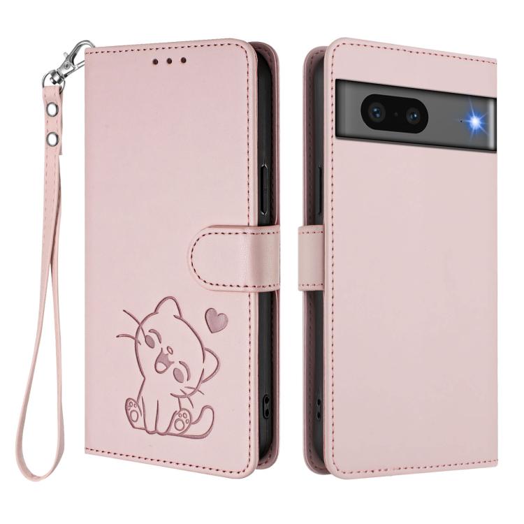For Google Pixel 7 Embossed Heart Cat Leather Phone Case with Hand Strap
