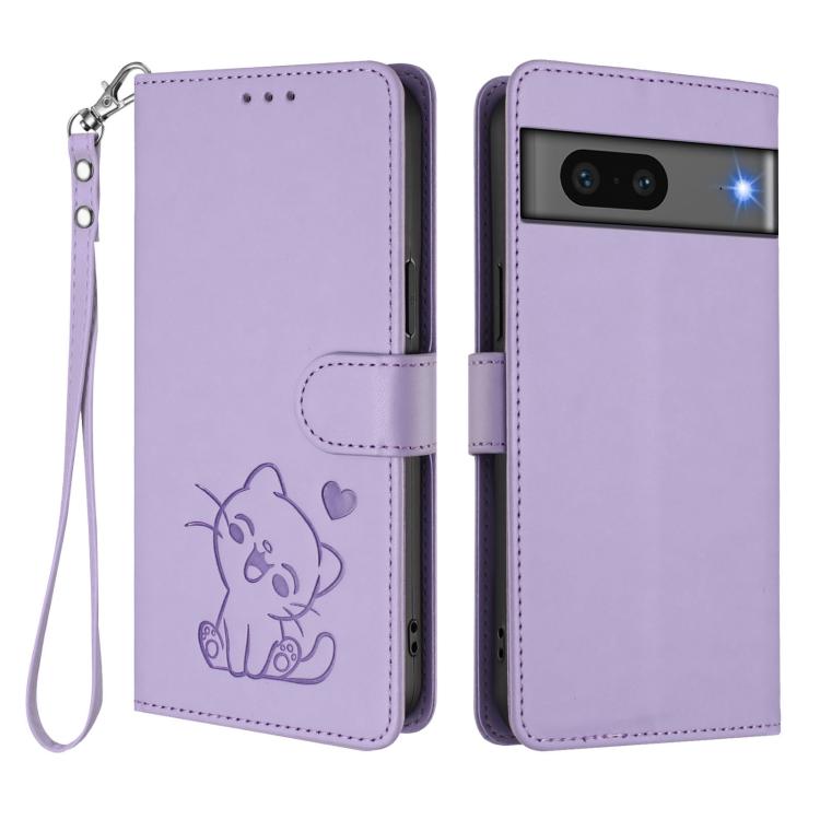 For Google Pixel 7 Embossed Heart Cat Leather Phone Case with Hand Strap