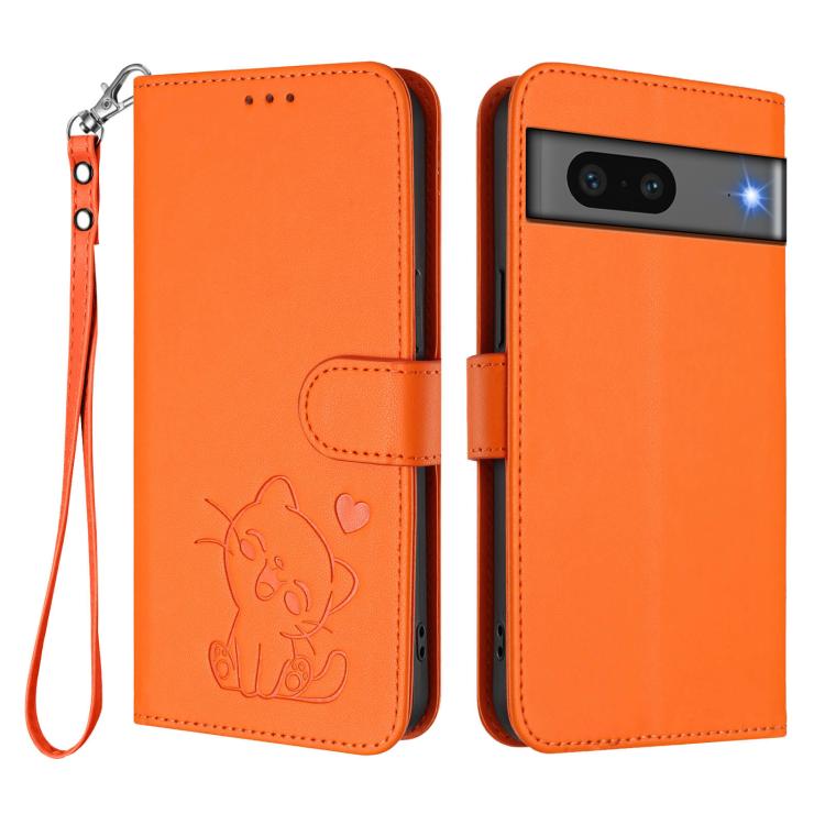 For Google Pixel 7 Embossed Heart Cat Leather Phone Case with Hand Strap