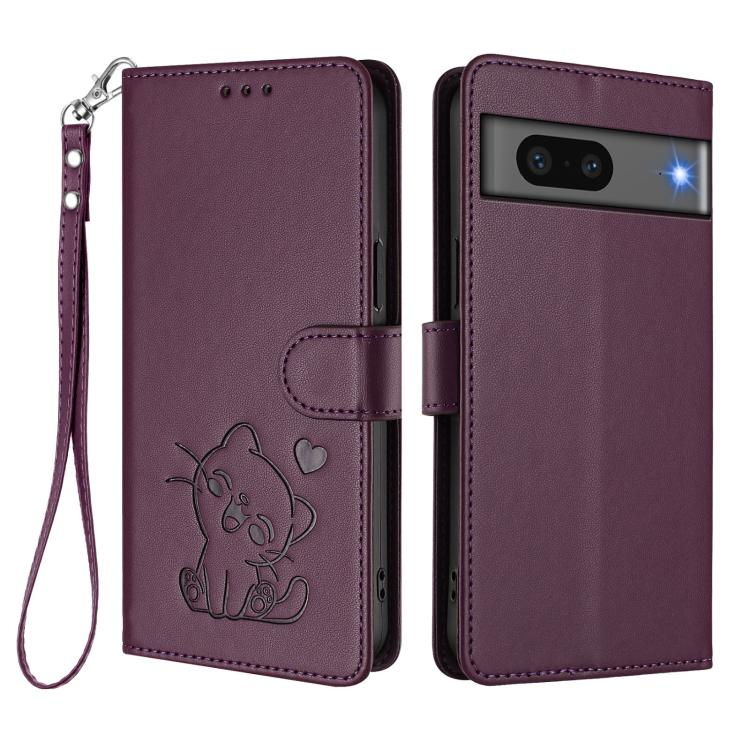 For Google Pixel 7 Embossed Heart Cat Leather Phone Case with Hand Strap