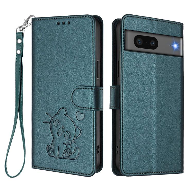 For Google Pixel 7 Embossed Heart Cat Leather Phone Case with Hand Strap