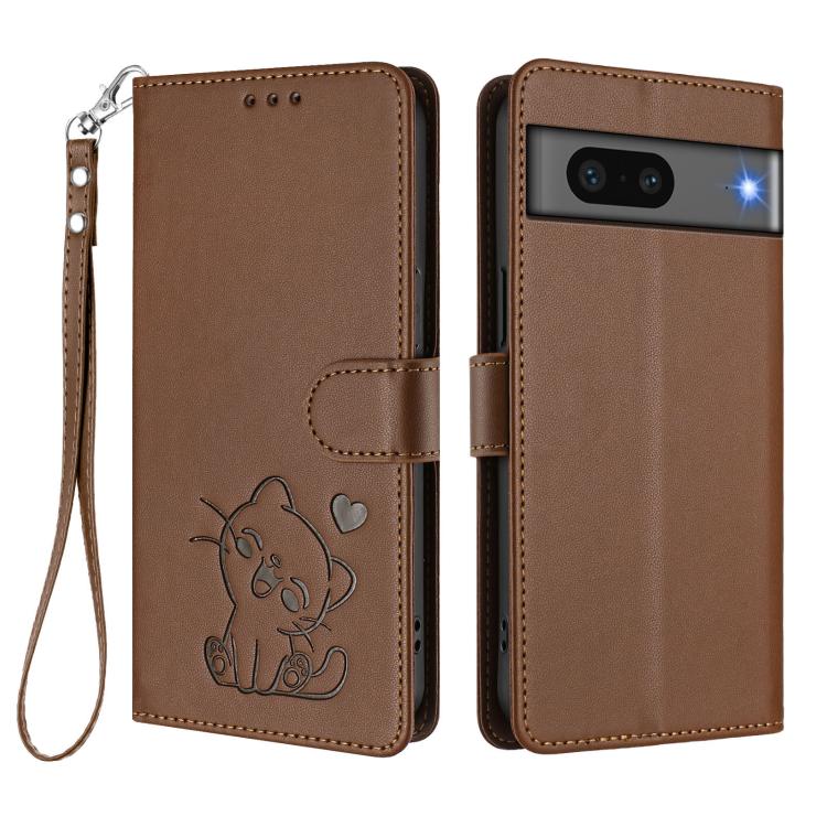 For Google Pixel 7 Embossed Heart Cat Leather Phone Case with Hand Strap