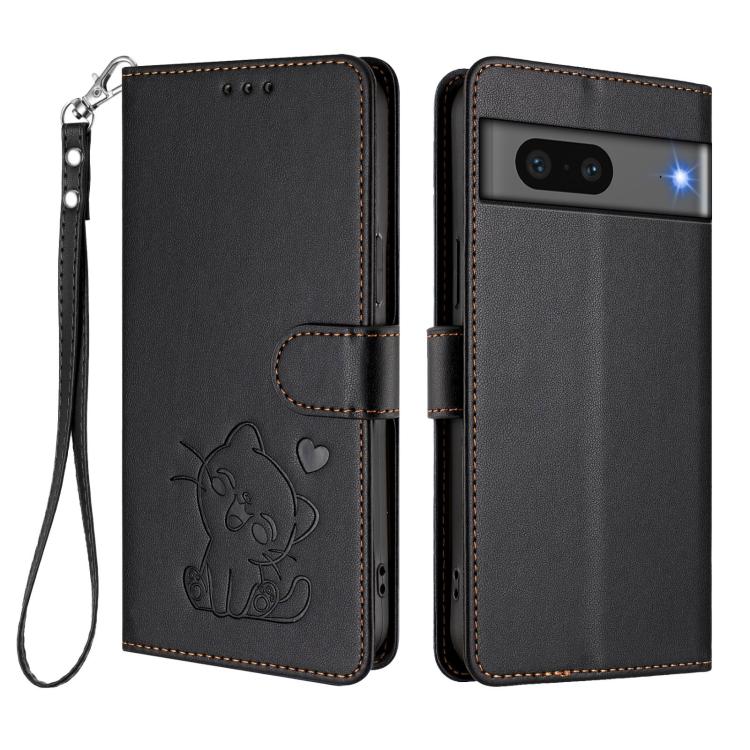 For Google Pixel 7 Embossed Heart Cat Leather Phone Case with Hand Strap
