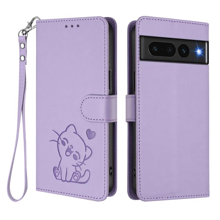 For Google Pixel 7 Pro Embossed Heart Cat Leather Phone Case with Hand Strap
