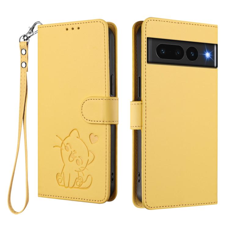 For Google Pixel 7 Pro Embossed Heart Cat Leather Phone Case with Hand Strap