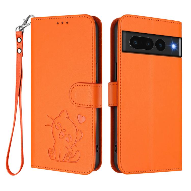 For Google Pixel 7 Pro Embossed Heart Cat Leather Phone Case with Hand Strap
