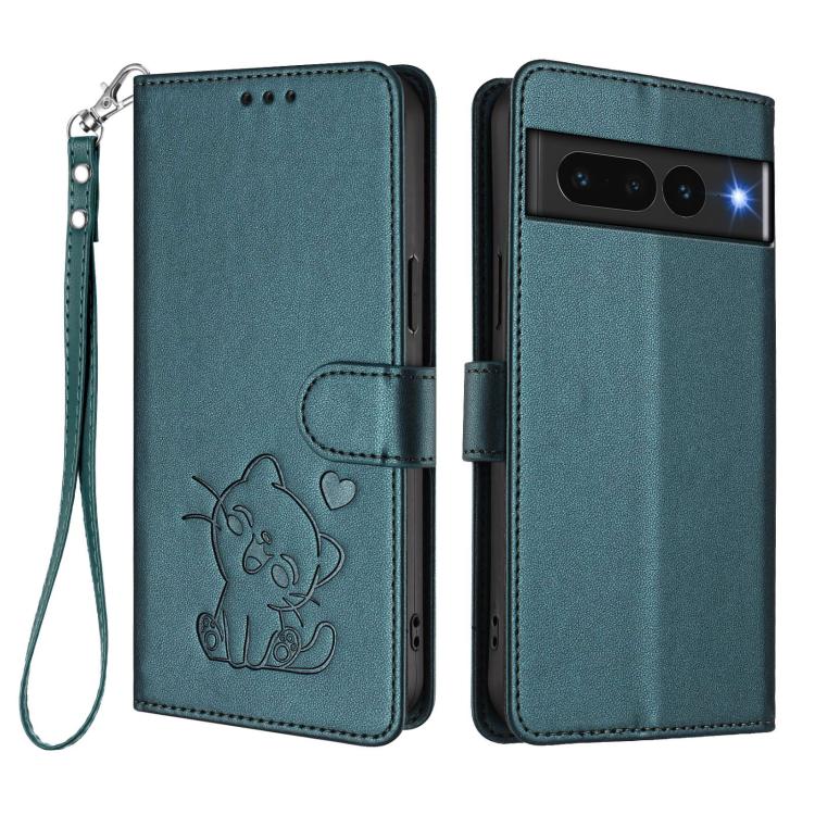 For Google Pixel 7 Pro Embossed Heart Cat Leather Phone Case with Hand Strap