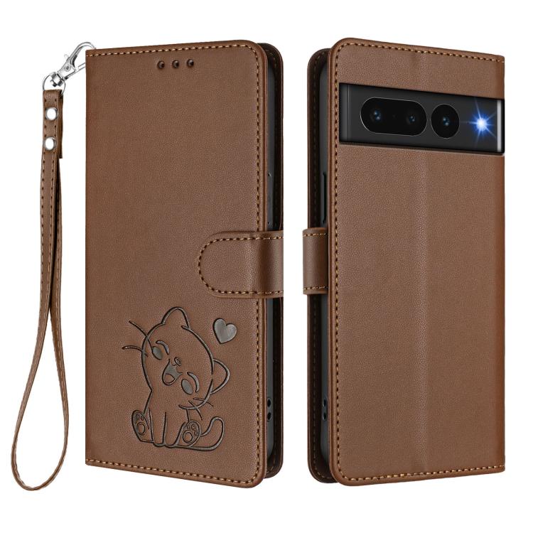 For Google Pixel 7 Pro Embossed Heart Cat Leather Phone Case with Hand Strap