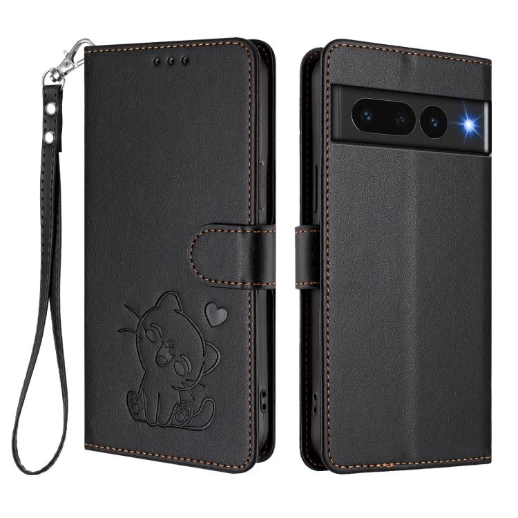 For Google Pixel 7 Pro Embossed Heart Cat Leather Phone Case with Hand Strap