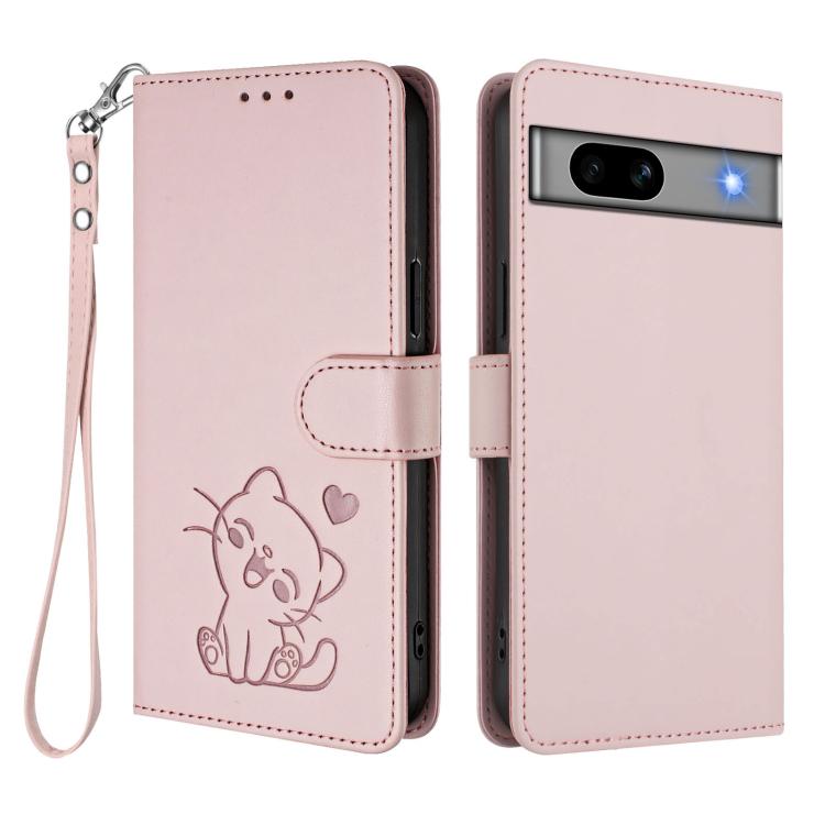 For Google Pixel 7a Embossed Heart Cat Leather Phone Case with Hand Strap