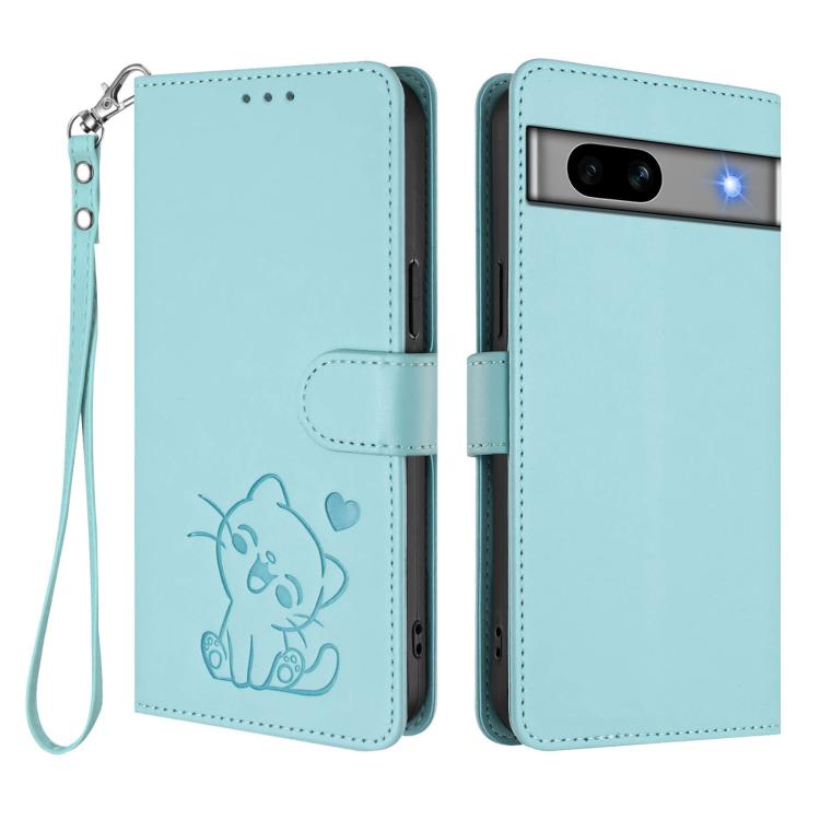 For Google Pixel 7a Embossed Heart Cat Leather Phone Case with Hand Strap