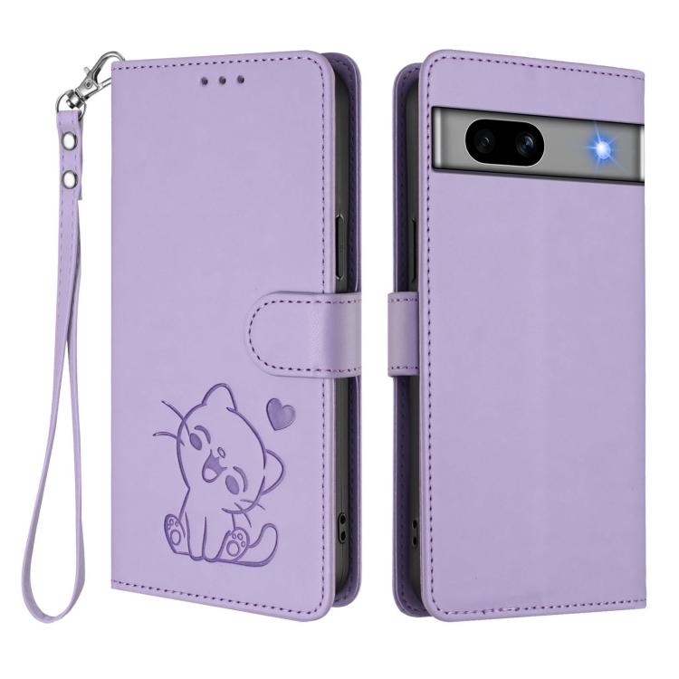 For Google Pixel 7a Embossed Heart Cat Leather Phone Case with Hand Strap