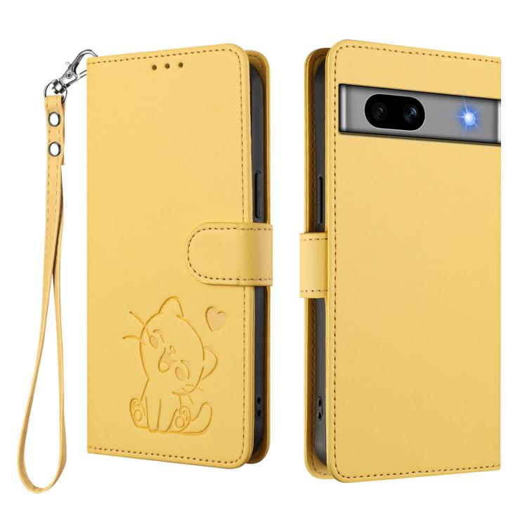 For Google Pixel 7a Embossed Heart Cat Leather Phone Case with Hand Strap