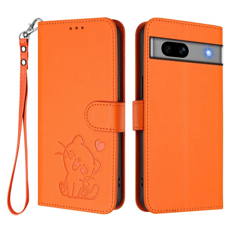 For Google Pixel 7a Embossed Heart Cat Leather Phone Case with Hand Strap