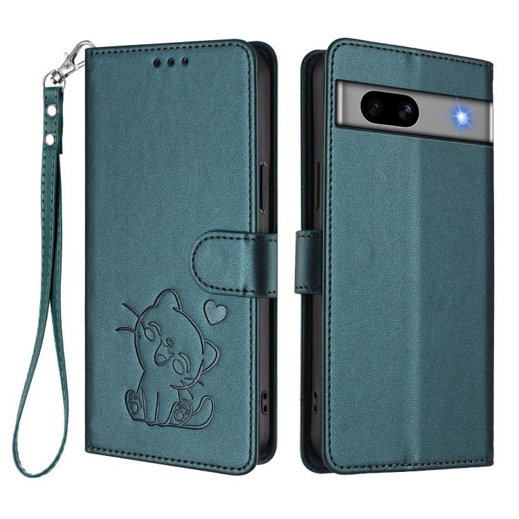 For Google Pixel 7a Embossed Heart Cat Leather Phone Case with Hand Strap