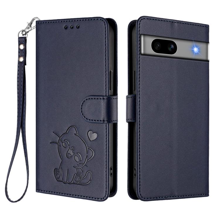 For Google Pixel 7a Embossed Heart Cat Leather Phone Case with Hand Strap